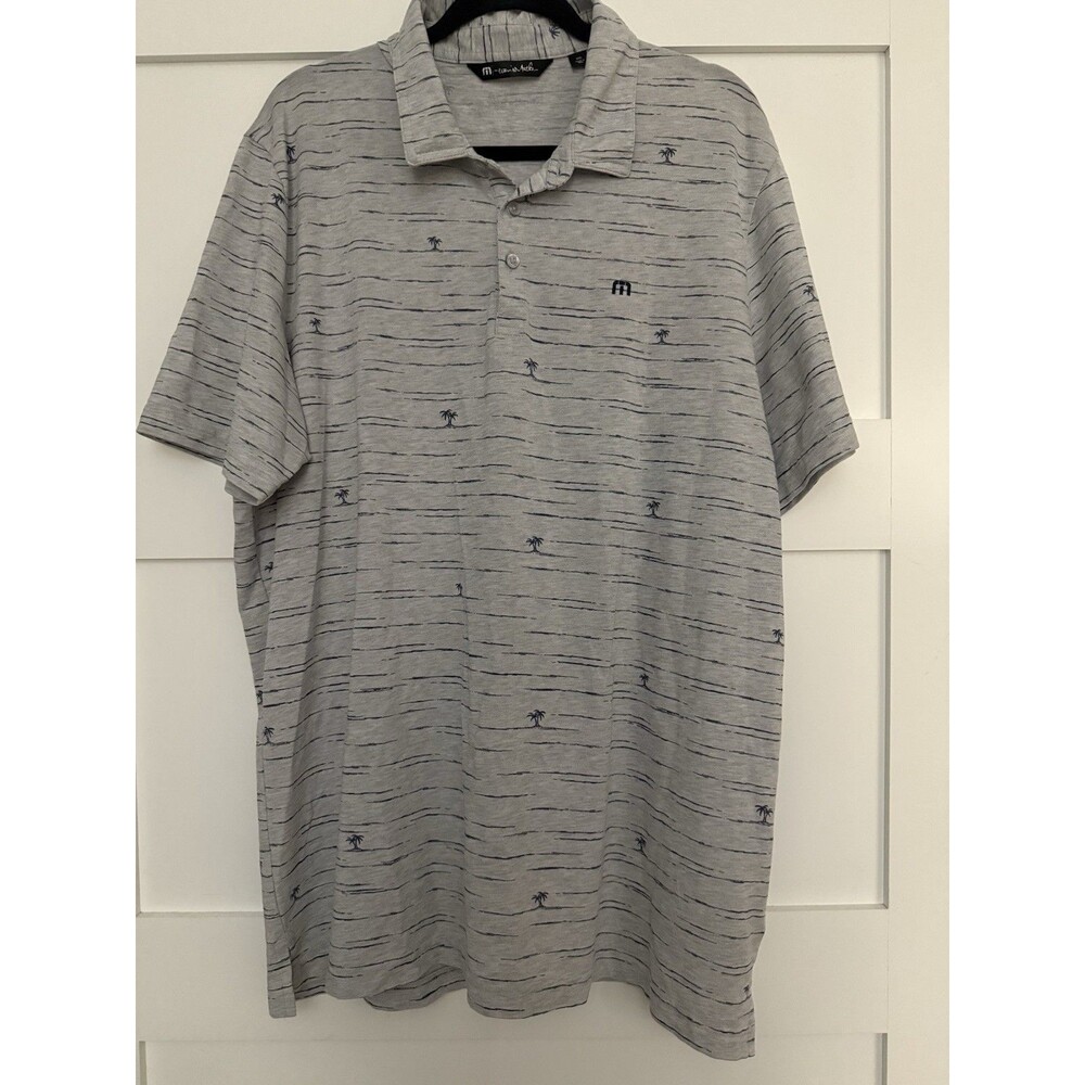 TravisMathew Mens Polo Shirt Size 2XL Gray Palm Tree Print Short Sleeve Golf